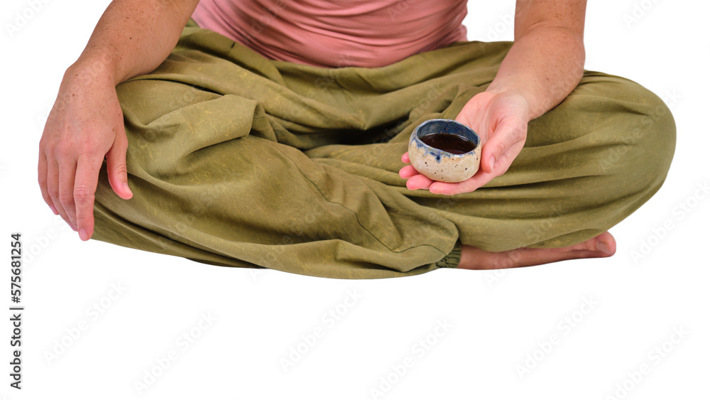 Woman hold a Chinese tea ceremony with a teapot, isolated on a white background