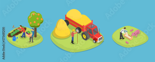 3D Isometric Flat Vector Set of Farming Jobs, Farm Worker and Livestock