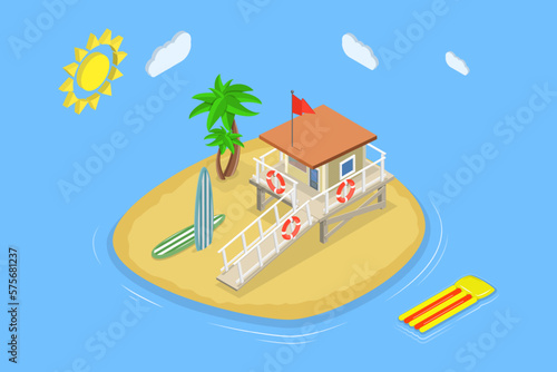 3D Isometric Flat Vector Conceptual Illustration of Lifeguard Tower, Baywatch Hut