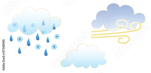 Set of weather icons. Glassmorphism style symbols for meteo forecast app. Elements Isolated on white background. Day autumn winter season sings. Wind, rain and snow clouds. Vector illustrations