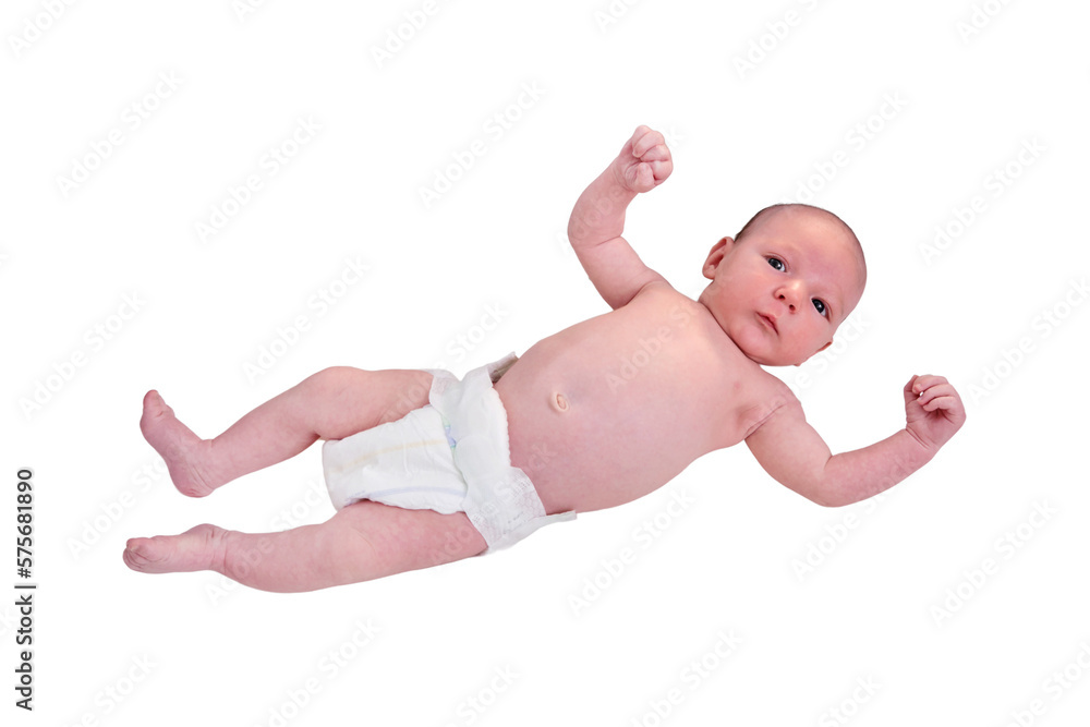 Portrait of a baby boy aged 1 month lying with his eyes open in a crib, isolated on a white background. Caucasian child in the children bedroom on the bed Portrait of a baby boy aged 1 month lying with his eyes open in a crib, isolated on a white background. Caucasian child in the children bedroom on the bed