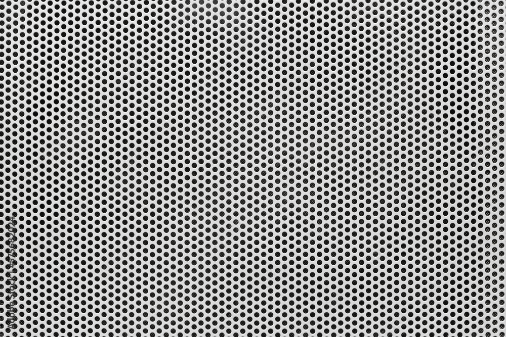 Background of wavy metallic grid with holes. Metal mesh as back. Perforated metal back. - obrazy, fototapety, plakaty 