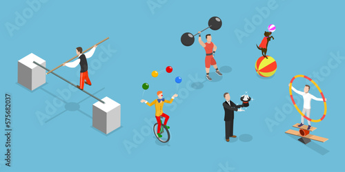 3D Isometric Flat Vector Set of Circus Characters, Clown, Strongman, Acrobats, Trained Animals, Hooper, Juggling Unicyclist photo