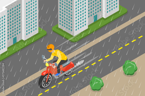 3D Isometric Flat Vector Conceptual Illustration of Riding On A Rainy Road, Drive Safely