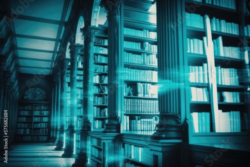 The vintage color scheme of a library, blurred in the background for your design. Generative AI