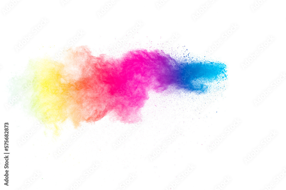 Colorful background of pastel powder explosion.Rainbow color dust splash on white background.