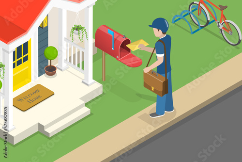 3D Isometric Flat Vector Conceptual Illustration of Postman, Post Delivery Service