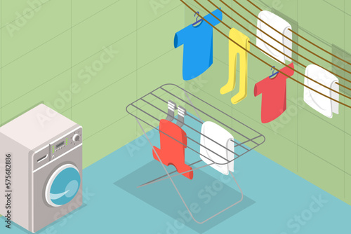 3D Isometric Flat Vector Conceptual Illustration of Washing And Drying, Home Laundry, Domestic Routine