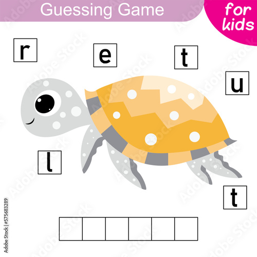 Guess the word. Turtle. Logic puzzle game for kids to learn English words.