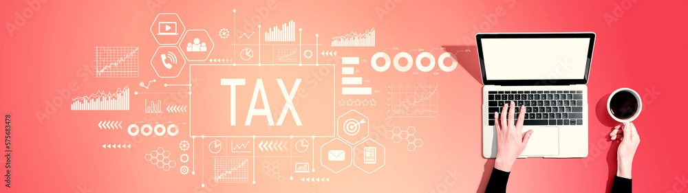 Tax theme with person using a laptop computer Tax theme with person using a laptop computer