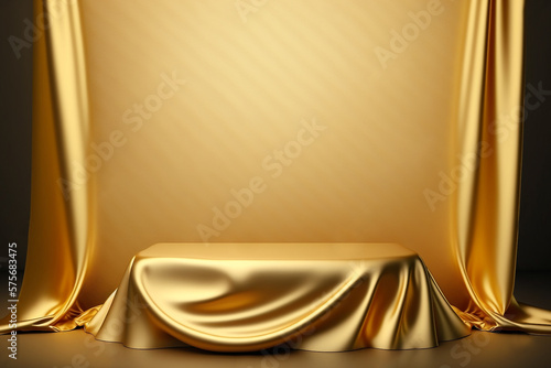 Platform or empty pedestal. Podium for product. Gold Drapery.