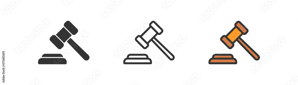 Judge gavel icon on light background. Auction symbol. Law, bid, lawyer, justice, verdict, criminal. Outline, flat and colored style. Flat design. Vector illustration. Judge gavel icon on light background. Auction symbol. Law, bid, lawyer, justice, verdict, criminal. Outline, flat and colored style. Flat design. Vector illustration.