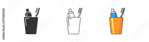 Toothpaste and toothbrush in a glass icon on light background. Dentist symbol. Oral cleaning, night, toothcare, bathroom. Outline, flat and colored style. Flat design. Vector illustration.