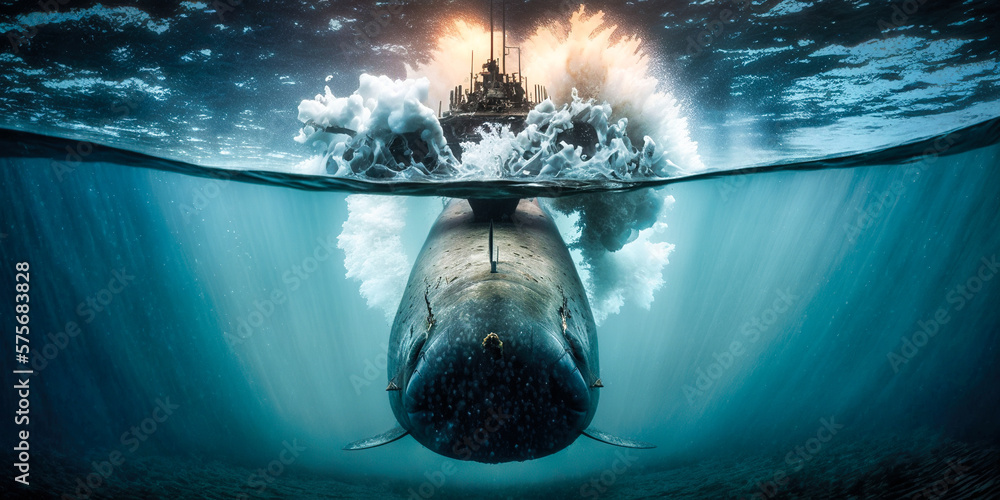 A military submarine diving into the ocean - generative ai Stock ...