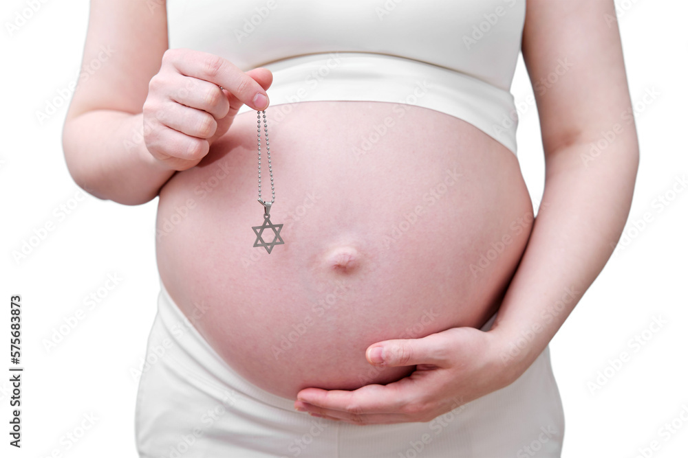 A symbol of the Jewish religion in the hands of a pregnant woman, a studio photo, isolated on a white background A symbol of the Jewish religion in the hands of a pregnant woman, a studio photo, isolated on a white background