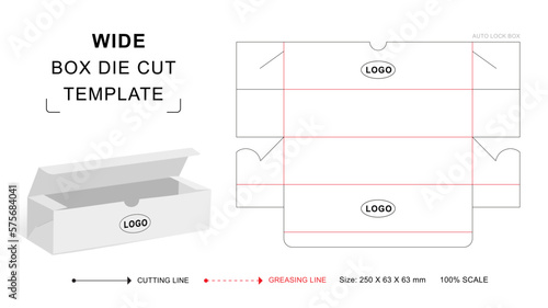 Rectangular auto lock box die cut template with 3D blank vector mockup photo