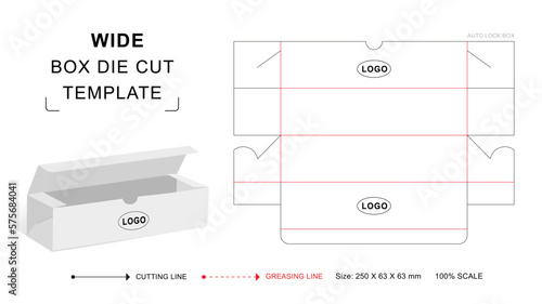 Rectangular auto lock box die cut template with 3D blank vector mockup