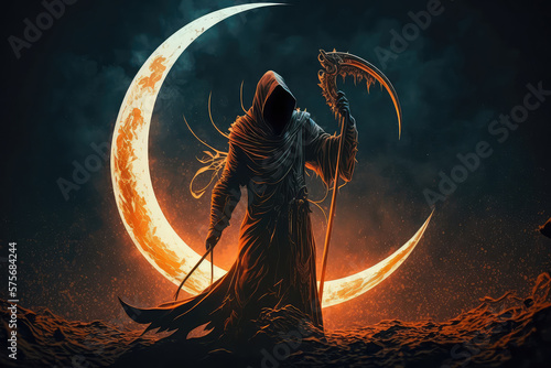 illustration painting of the Death as know as Grim Reaper holding the scythe against the eclipse on the background, digital art style. (ai generated) photo