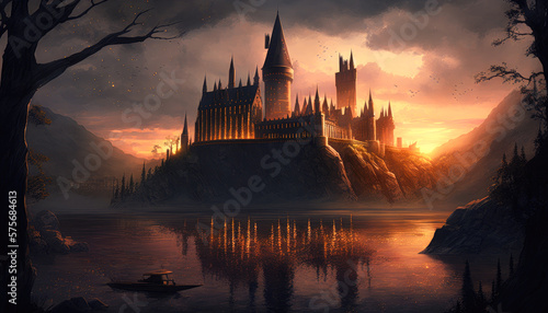 Tableau sur toile hogwarts castle sunset - Generative AI