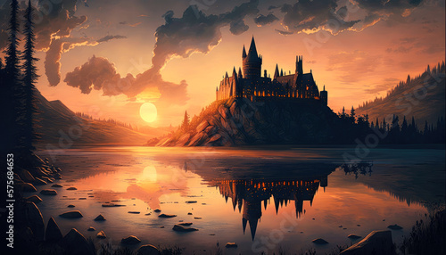Fotografia hogwarts castle sunset - Generative AI