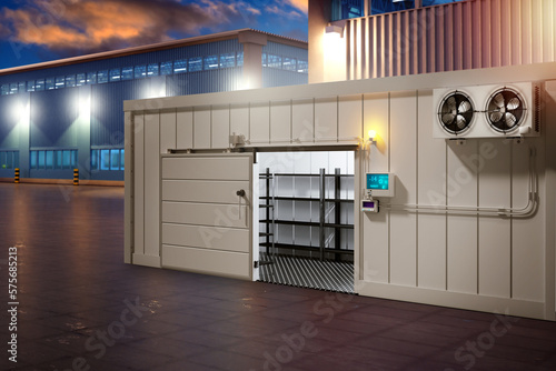 Production refrigerator. Freezer container near plant. Refrigerated warehouse exterior at night. Open production refrigerator. Freezer container at factory. Production empty refrigerator. 3d image.