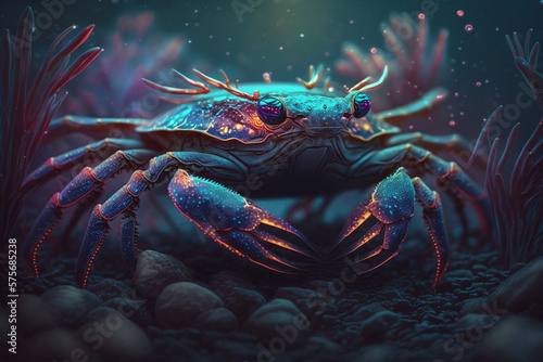 crab, neon style, close-up, portrait, bright background, nature background, high quality, high detail, 8k, Generative AI