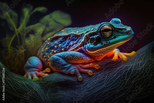 frog, neon style, close-up, portrait, bright background, nature background, high quality, high detail, 8k, Generative AI