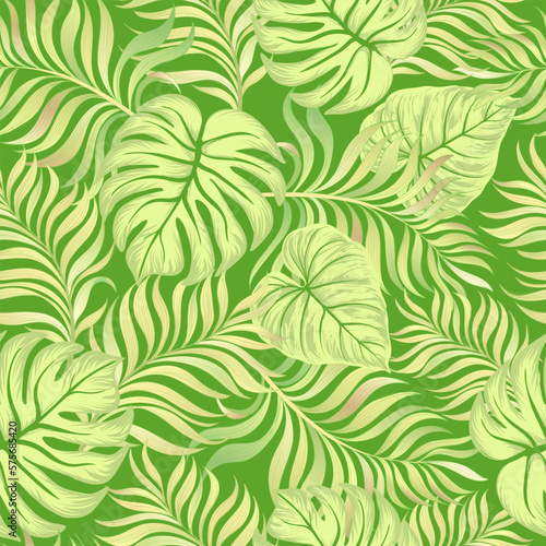 Green tropical palm leaves seamless vector pattern on the colored background.Trendy summer print.