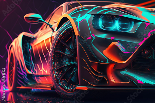 race car, neon style, close-up, portrait, bright background, nature background, high quality, high detail, 8k 3, Generative AI