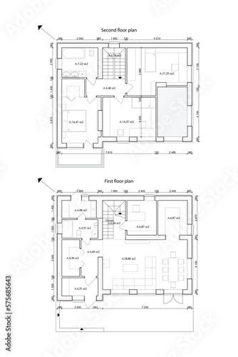 Vector architectural floor plan of a two storey building