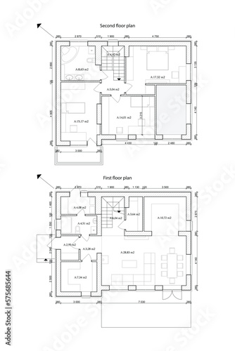 Vector architectural floor plan of a two storey building