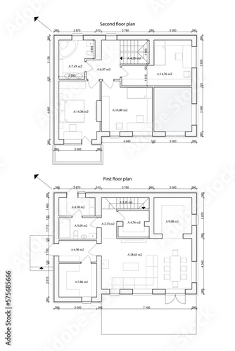 Vector architectural floor plan of a two storey building