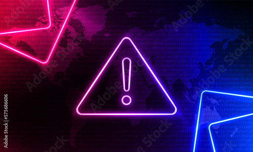 Attention Danger Hacking. Neon Symbol on Blue and Pink Map Background. Security protection, Malware, Hack Attack, Data Breach. System hacked error, Attacker alert sign computer virus.Ransomware.Vector