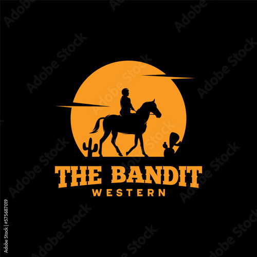 Cowboy Riding Horse Silhouette at Night logo