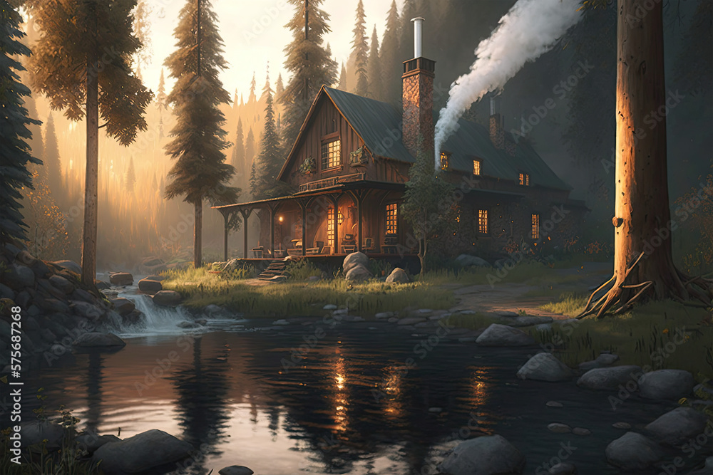 A cozy cabin in the woods, surrounded by tall trees and a gentle stream ...