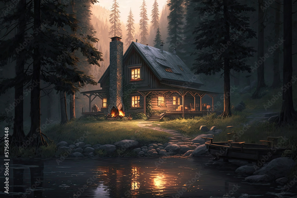 A cozy cabin in the woods, surrounded by tall trees and a gentle stream, with smoke rising from the chimney and warm light glowing from the windows, water, landscape, tree, night, forest, nature, sky,