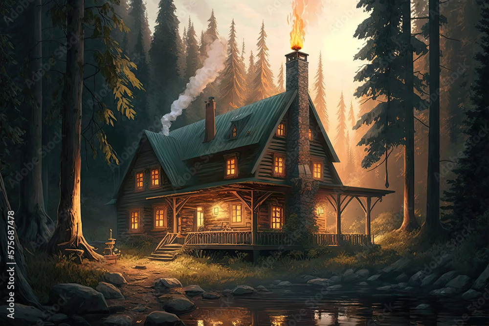 A cozy cabin in the woods, surrounded by tall trees and a gentle stream ...
