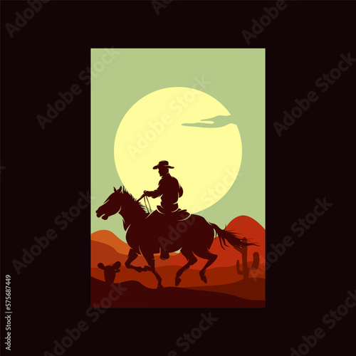 Cowboy Riding Horse Silhouette at Sunset logo