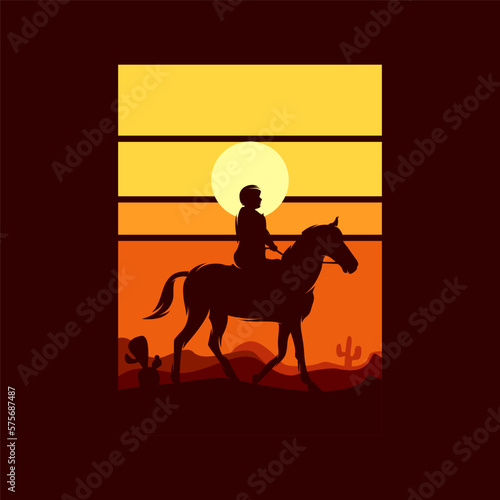 Cowboy Riding Horse Silhouette at Sunset logo