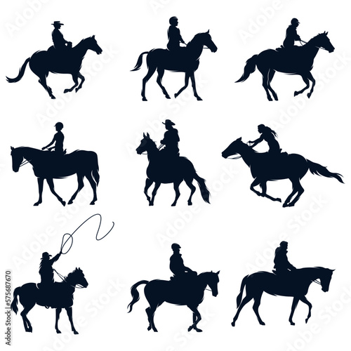 Set of cowboy, horse rider silhouette illustration