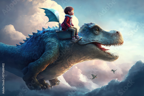 Fototapeta Naklejka Na Ścianę i Meble -  illustration painting of a boy sitting on dinosaur flying on the blue sky, digital painting (ai generated)