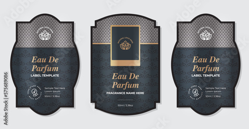 Perfume Label Design Packaging Design, Set luxury products packaging, Eau De Perfume Label, Fragrance, Cosmetics Line golden backgrounds, floral patterns Illustration