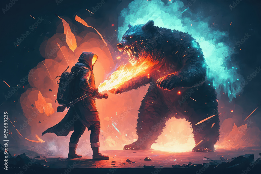 illustration painting of a man with a flamethrower fighting with a demon bear, digital art style
