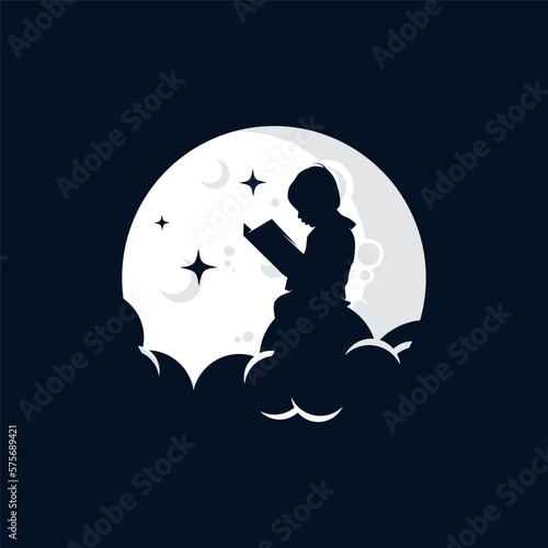 Vector little boy reading book on moon logo template design