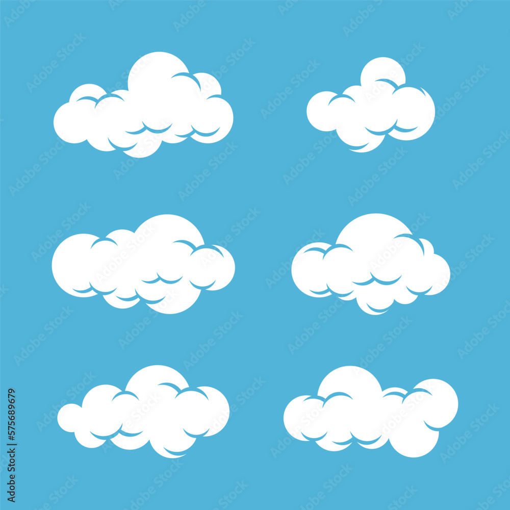 Vector set of white clouds on light blue background