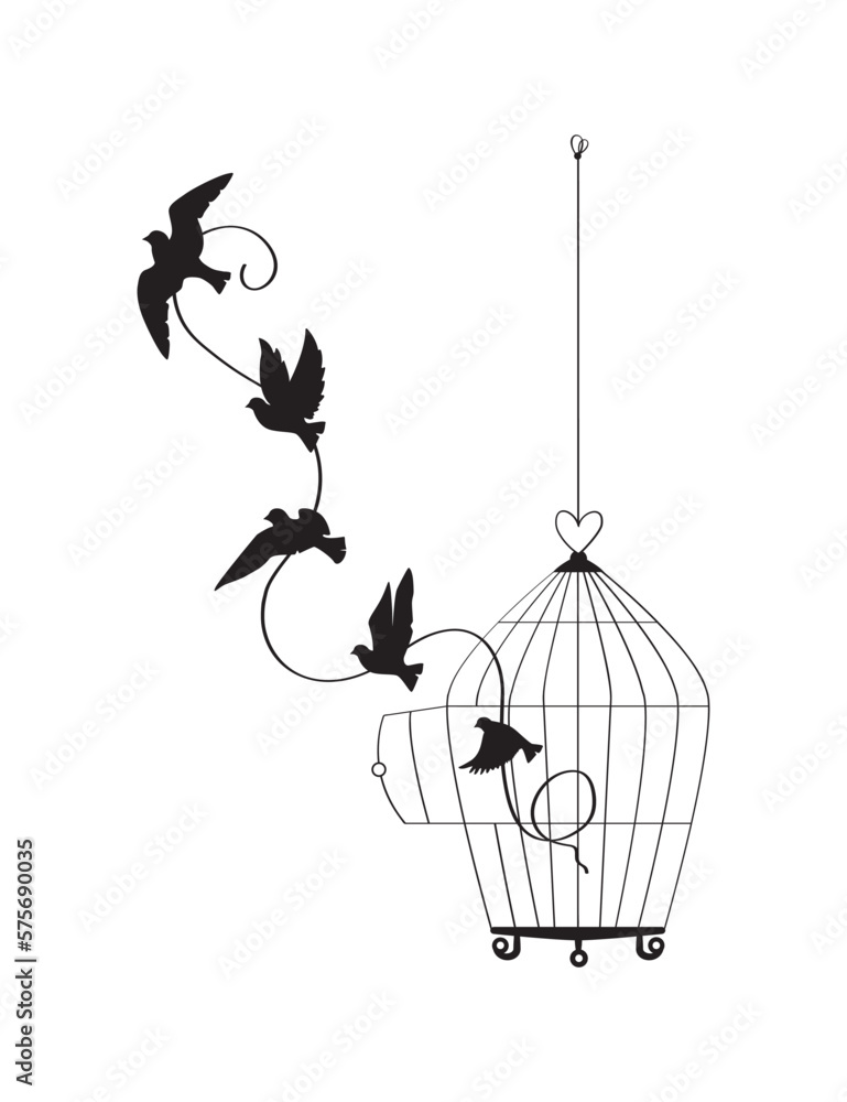 Birds Flying from the cage, flying birds silhouettes, cage illustration