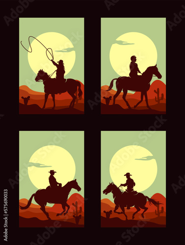 Set of Cowboy Riding Horse Silhouette at Sunset logo