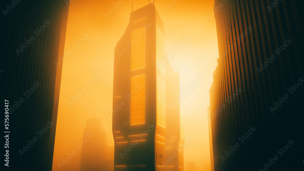 Tall skyscrapers disappear into the fog, creating a mysterious effect