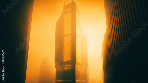 Tall skyscrapers disappear into the fog, creating a mysterious effect