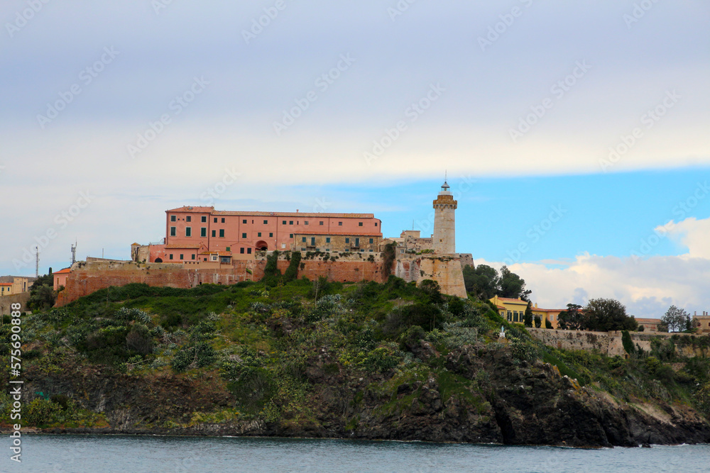 View of the Faro di Forte Stella lighthouse on Portoferraio, on Elba Island, Livorno, Italy